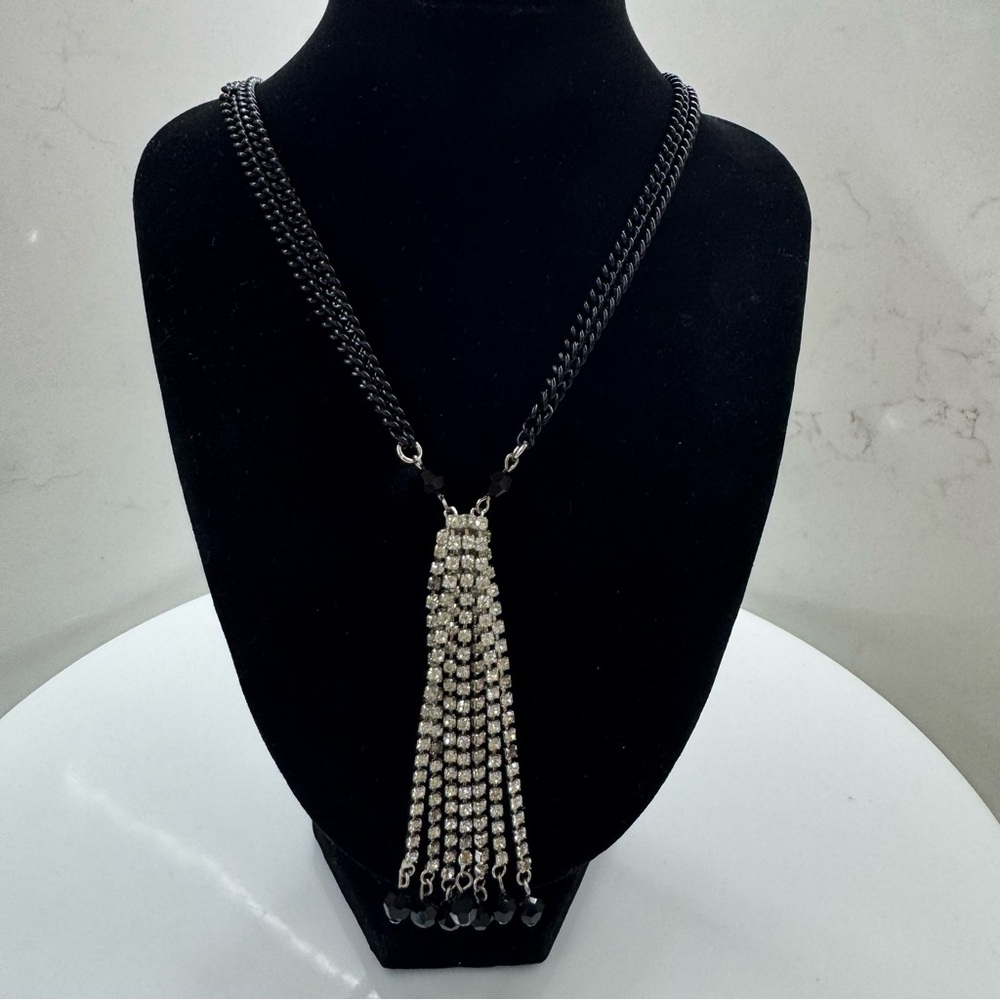 Vintage Rhinestone Tassel Necklace Black & Clear Crystal Drape Statement